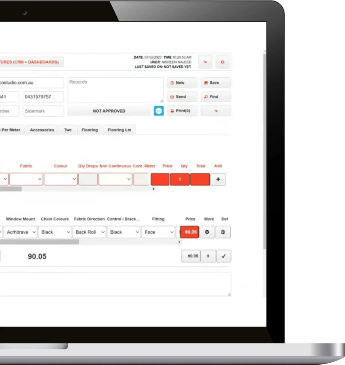 CRM system on laptop: Screenshot of business software interface.